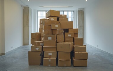 Fototapeta premium Numerous cardboard boxes are stacked high in a bright, uncluttered interior, suggesting storage or pending relocation activities