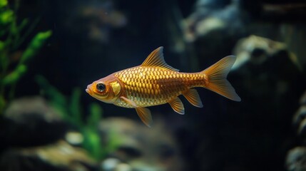 Naklejka premium Carassius auratus a goldfish an aquarium fish swimming against a black background