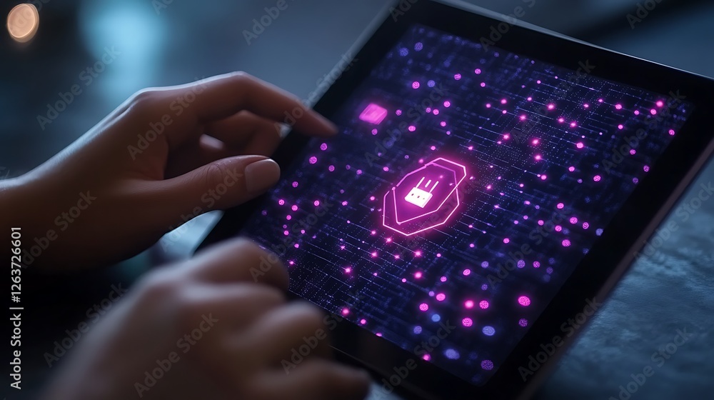Poster hands using tablet showing digital network connection.