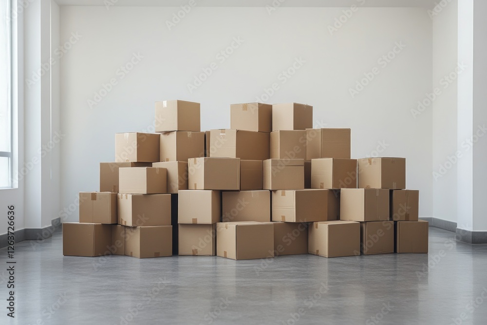 Poster stacks of cardboard boxes neatly arranged in a spacious, minimalist room with natural light illumina