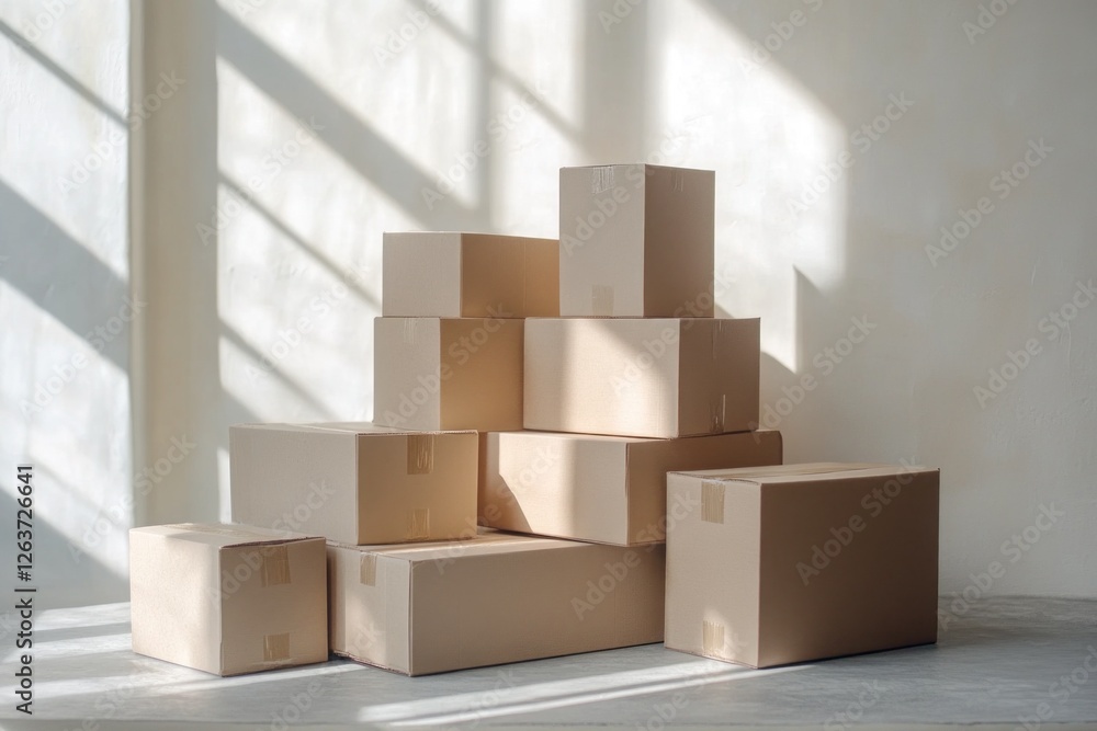 Poster stacked cardboard boxes in varying sizes create an organized display in a well-lit space, showcasing