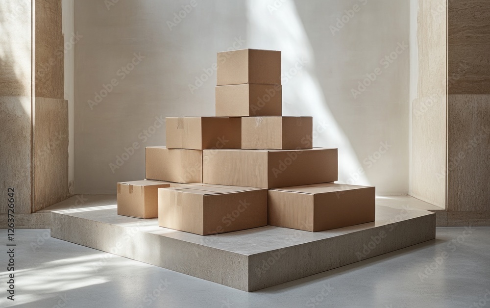 Poster cardboard boxes are neatly arranged and stacked in a modern indoor space, showcasing a minimalistic 