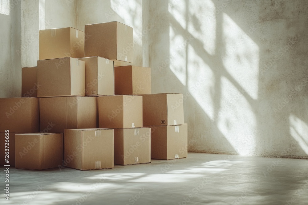 Poster cardboard boxes are organized in a tidy manner within a bright, sunlit space, where shadows create a