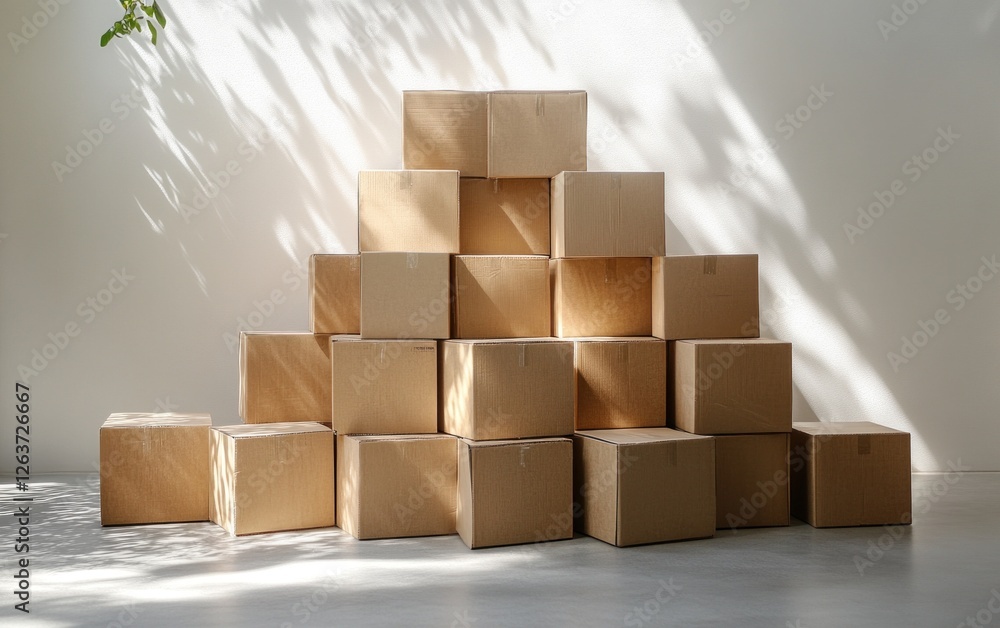 Poster cardboard boxes are neatly stacked to form a structured pyramid, cast shadows creating a modern desi