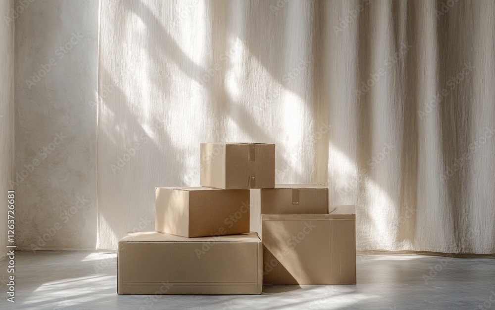 Poster a collection of cardboard boxes arranged in varying heights on a smooth surface, illuminated by natu