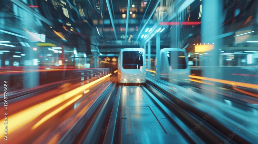 Poster a high-speed futuristic train illuminated by dynamic lights in a modern station, symbolizing progres