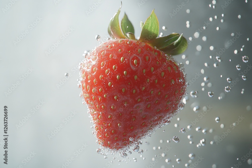 Poster a vibrant strawberry floats in sparkling water, bubbles clinging to its surface, creating a refreshi
