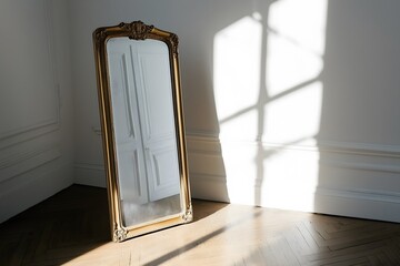 Sunlight shining in on an old mirror with a golden colored frame 