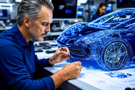 A man working on a car blueprint in a factory