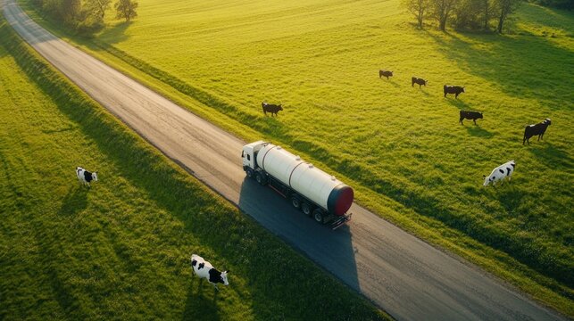 A milk truck drives down a quiet rural road surrounded by lush green fields while cows graze peacefully in the early morning light