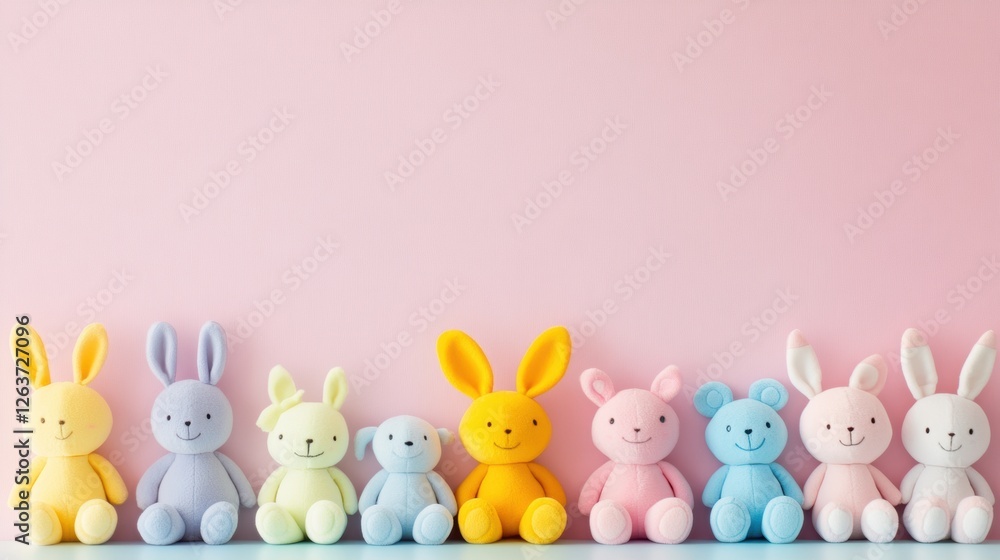 Aufkleber assortment of colorful plush bunnies arranged neatly against a pastel pink background in a cheerful 