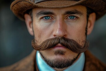 A man displays a stylish moustache and beard with a serious expression, dressed in vintage attire, emphasizing timeless grooming and fashion