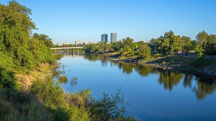Fototapeta premium Scenic River View with Modern Buildings Against Blue Sky and Greenery