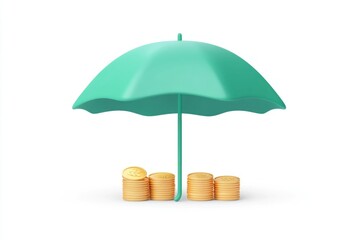 Stacks of coins are neatly arranged beneath a light green open umbrella, symbolizing protection for financial assets in a minimalist setting