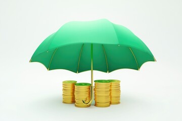 Stacks of gold coins are shielded by a light green umbrella, symbolizing financial security and protection from economic risks