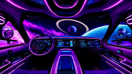 The interior of a futuristic car with purple lights