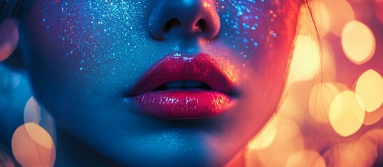 Close-up of a woman's lips adorned with glitter, set against a vibrant, colorful bokeh background