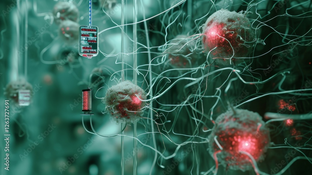 Aufkleber close-up of a futuristic neural network with glowing red nodes and intricate connections, symbolizin