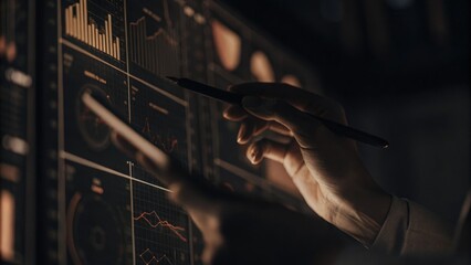 A closeup of a holographic business dashboard showing realtime performance metrics with a digital pen in hand allowing a consultant to annotate and highlight areas of interest.