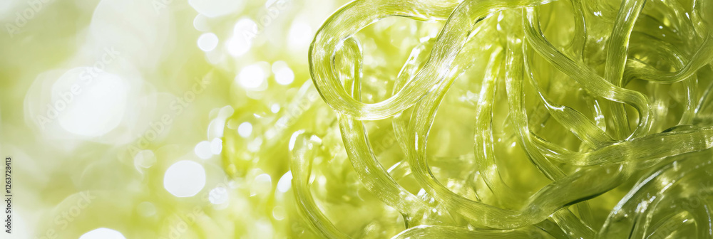 Poster exploring the intricate texture of translucent aloe gel with shimmering fibers