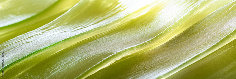 Poster exploring the intricate texture of translucent aloe gel with shimmering fibers