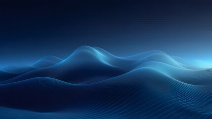 Abstract blue digital landscape with glowing hills and lines.
