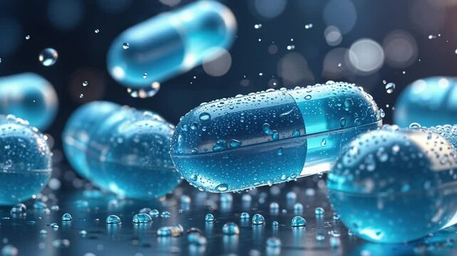 A blue capsule with water droplets on a bokeh background, creating an atmosphere of science and pharmaceuticals. Glowing particles and reflections in the water emphasize the purity and technological f