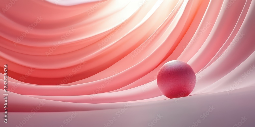 Wall mural soft pink fabric drapes with a small round object in a serene, minimalistic setting