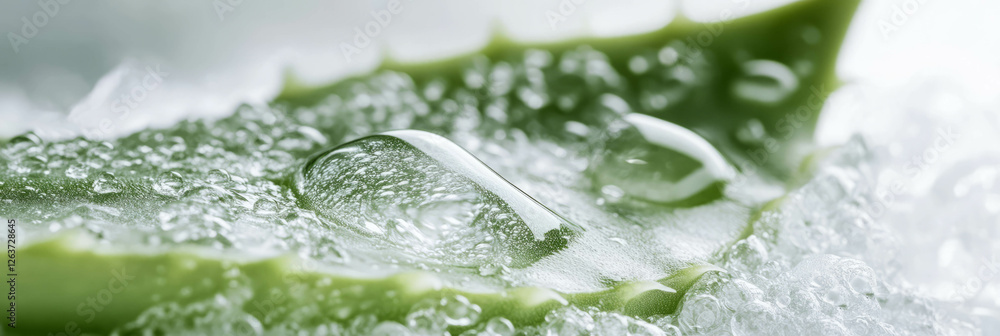 Poster texture of translucent aloe gel with tiny particles reflecting subtle light in natural setting