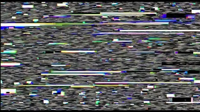 Slow Motion Shot of a Videotape Recording Glitch and Static Noise &ndash; Distorted VHS Visuals, Retro Analog Interference, Flickering Horizontal Lines, Fuzzy White Noise Artifacts, Vintage Tape Aesthetic