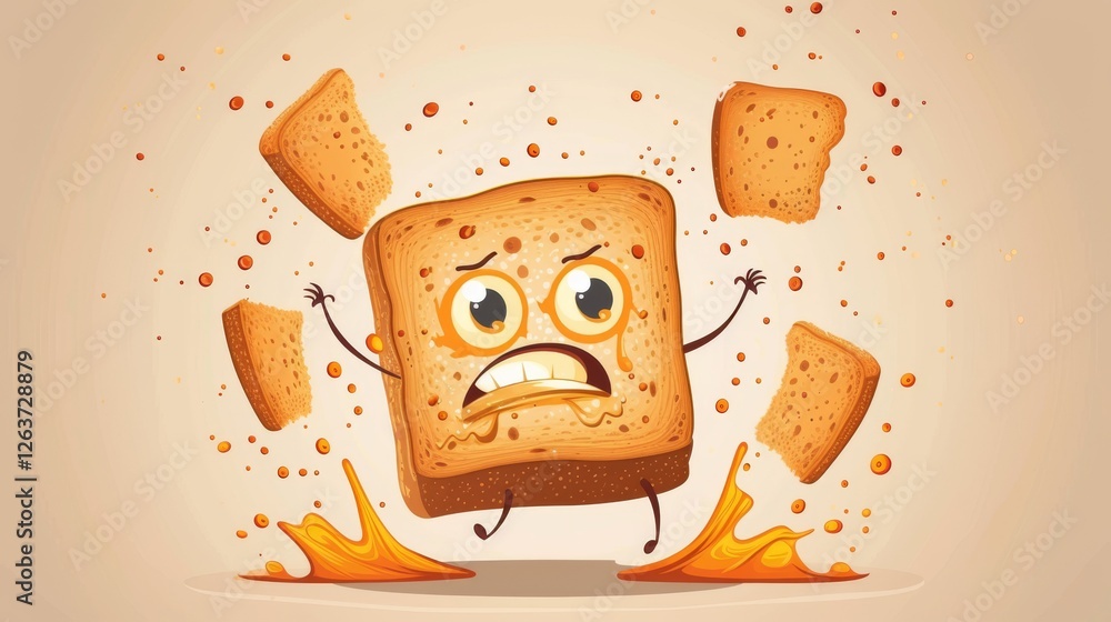 Poster animated toast character expressing anger as its topping spills dramatically, creating a humorous an