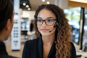 A relaxed woman wearing glasses and a headset engages with a client, showcasing the ease and effectiveness of communication in a contemporary retail environment.