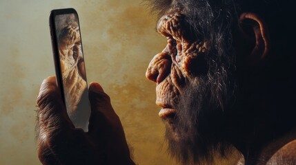 Detailed close-up of a Neanderthal holding a smartphone, capturing intricate facial textures and expressions. A fusion of historical context and modern technology. AI generated.