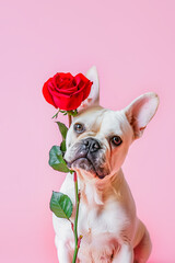 Cute white dog with red rose on pastel pink background, copy space