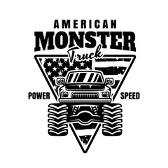 Monster truck big car vector emblem in monochrome style isolated on white background © Flat_Enot