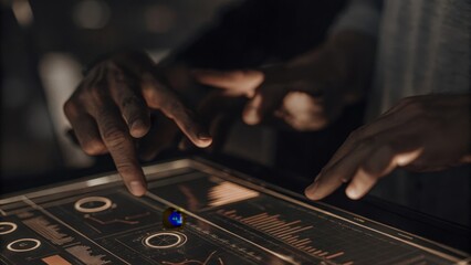 A closeup view of hands interacting with a holographic touchscreen interface with colorful icons and data charts projected in midair showcasing user engagement with futuristic