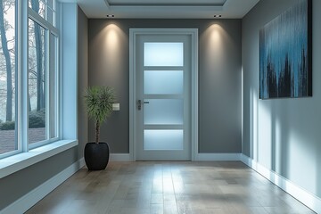 Fototapeta premium Modern hallway with large windows and stylish decor