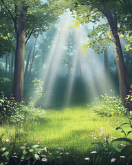 Obraz premium Beautiful sunlight shines through the trees in an idyllic green meadow, creating a picturesque scene of nature's beauty