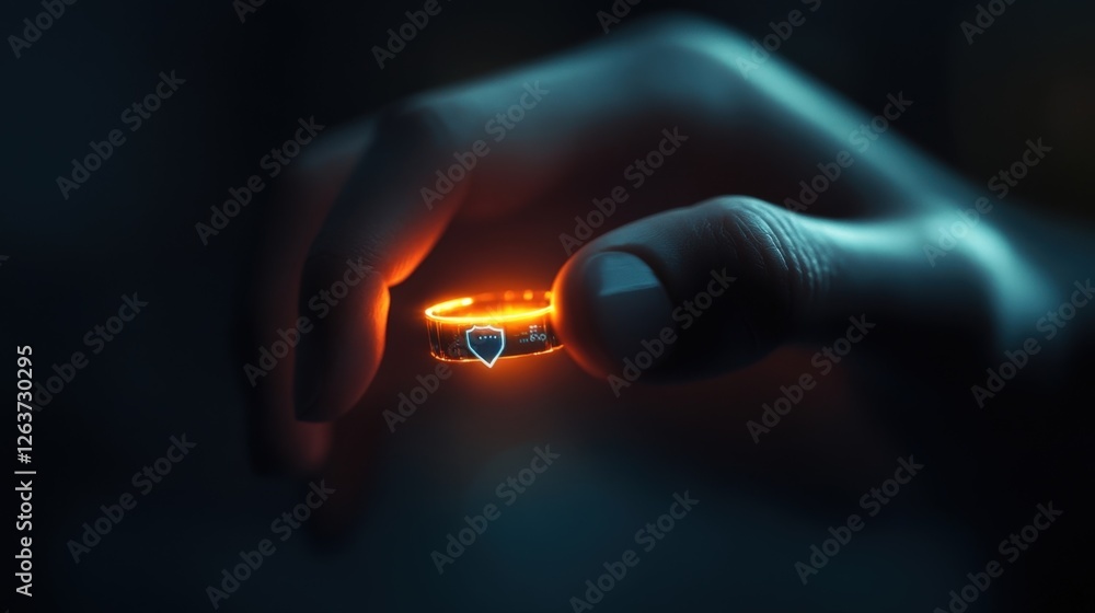 Poster a prominently displayed smart ring rests on a users finger its surface glowing with realtime data sy