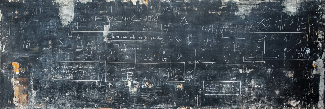 Chalk math equations and bright markings create a textured wall backdrop