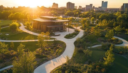 Golden Hour Serenity: Aerial View of a Modern Park