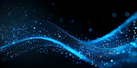 Glowing blue wave with sparkling particles flowing on black background, abstract dynamic motion design for technology and digital concepts.