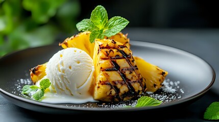 Grilled pineapple slices with vanilla ice cream, chocolate drizzle and fresh mint leaves served on black plate. Tropical dessert with contrasting temperatures.