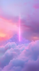 Mystical light beam piercing through dreamy pink and purple clouds at sunset, creating ethereal atmosphere with soft gradient sky and dramatic cloudscape.