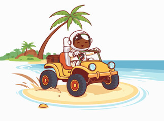 Beach Buggy Adventure for Astronaut on Tropical Island Vector
