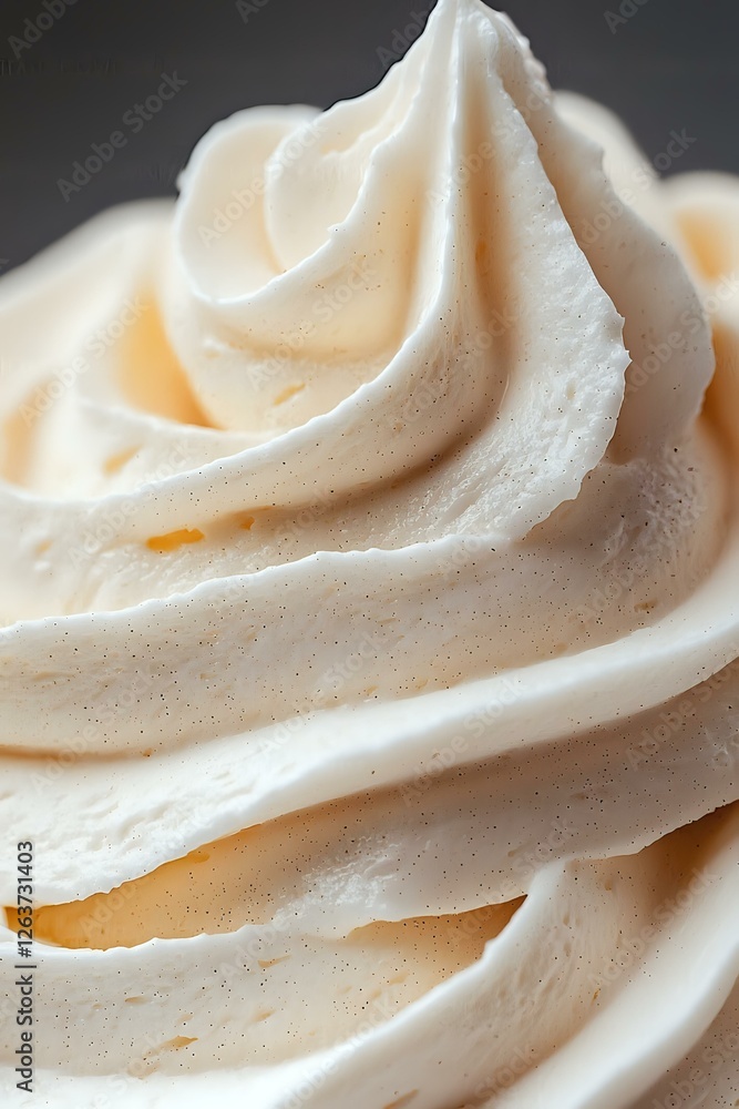 Poster creamy vanilla frosting swirls with tiny speckles in macro shot showing soft peaks and smooth textur