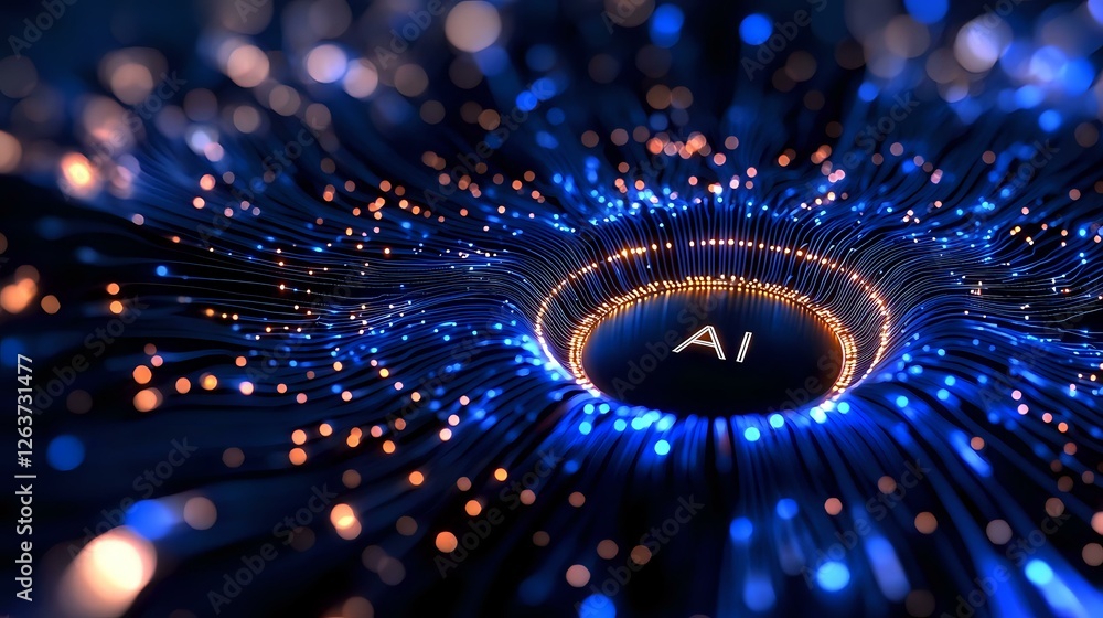 Poster glowing ai symbol in center of digital vortex with radiating blue light streams and bokeh effects cr