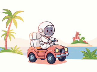Astronaut Traveling by Car to Tropical Island Vector Scene