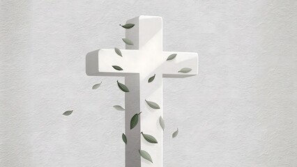 Serene Spiritual Reflection Minimalist Setting Abstract Artwork Indoor Space Close-Up View Contemporary Faith Concept with Leaves and Cross