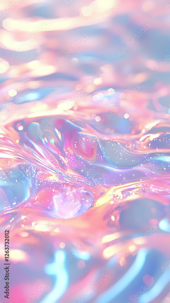 Poster dreamy iridescent liquid surface with pink and blue holographic waves creating magical light effects
